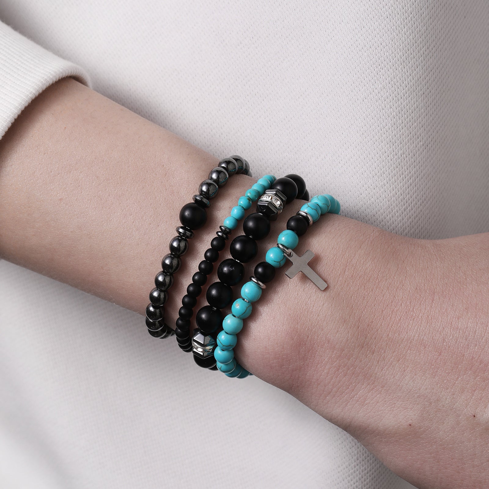 Wholesale New Men's Beaded Cross Bracelet Set